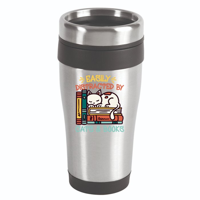 Easily Distracted By Cats And Books Cat & Book Lover 16oz Travel Tumbler