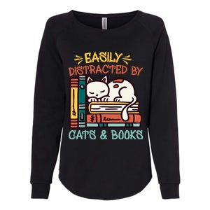 Easily Distracted By Cats And Books Cat & Book Lover Womens California Wash Sweatshirt