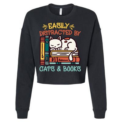 Easily Distracted By Cats And Books Cat & Book Lover Cropped Pullover Crew