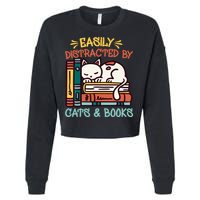 Easily Distracted By Cats And Books Cat & Book Lover Cropped Pullover Crew