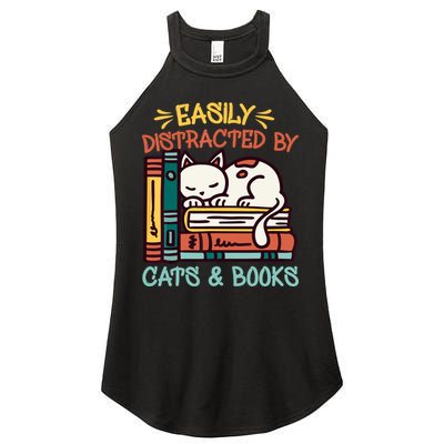 Easily Distracted By Cats And Books Cat & Book Lover Women's Perfect Tri Rocker Tank