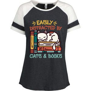 Easily Distracted By Cats And Books Cat & Book Lover Enza Ladies Jersey Colorblock Tee