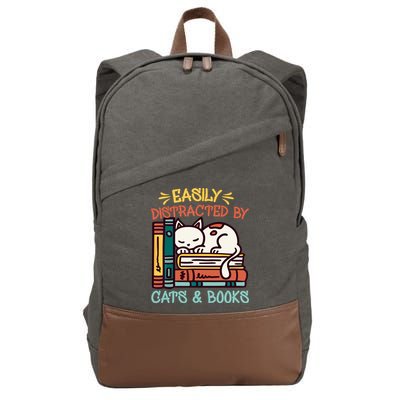 Easily Distracted By Cats And Books Cat & Book Lover Cotton Canvas Backpack
