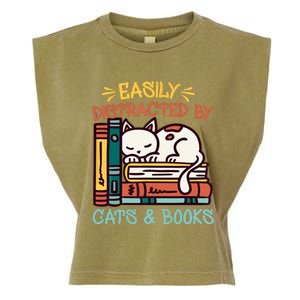 Easily Distracted By Cats And Books Cat & Book Lover Garment-Dyed Women's Muscle Tee