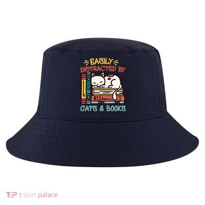 Easily Distracted By Cats And Books Cat & Book Lover Cool Comfort Performance Bucket Hat