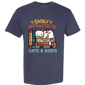 Easily Distracted By Cats And Books Cat & Book Lover Garment-Dyed Heavyweight T-Shirt