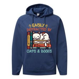 Easily Distracted By Cats And Books Cat & Book Lover Performance Fleece Hoodie