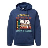 Easily Distracted By Cats And Books Cat & Book Lover Performance Fleece Hoodie