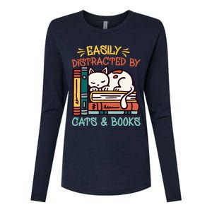 Easily Distracted By Cats And Books Cat & Book Lover Womens Cotton Relaxed Long Sleeve T-Shirt