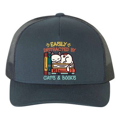 Easily Distracted By Cats And Books Cat & Book Lover Yupoong Adult 5-Panel Trucker Hat