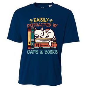 Easily Distracted By Cats And Books Cat & Book Lover Cooling Performance Crew T-Shirt