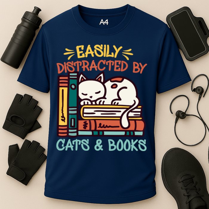 Easily Distracted By Cats And Books Cat & Book Lover Performance Shirt