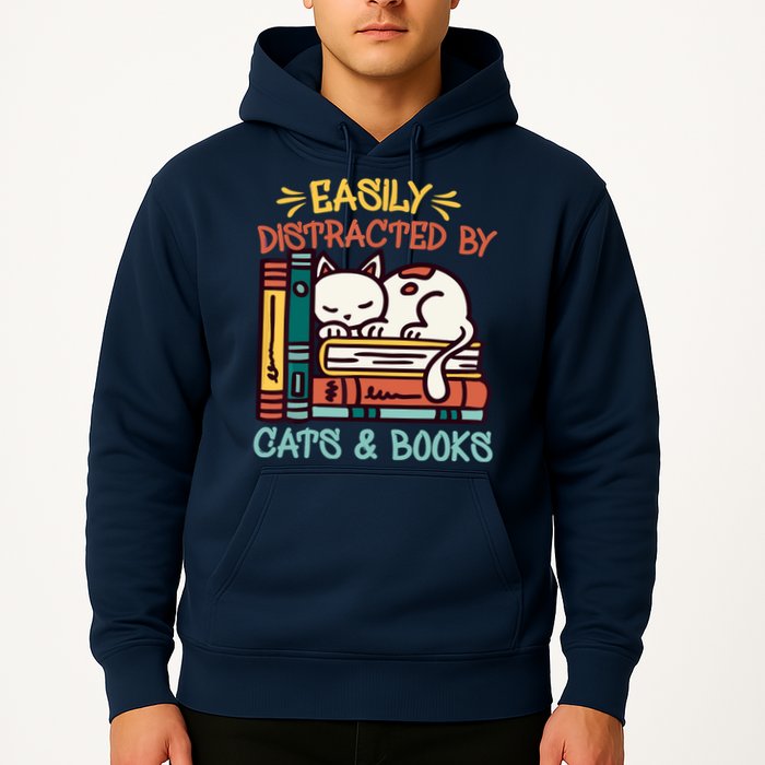 Easily Distracted By Cats And Books Cat & Book Lover Hoodie