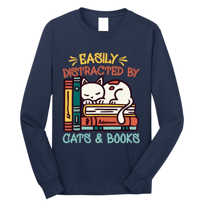 Easily Distracted By Cats And Books Cat & Book Lover Long Sleeve Shirt