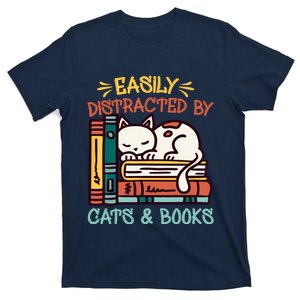 Easily Distracted By Cats And Books Cat & Book Lover T-Shirt