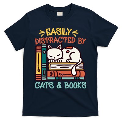 Easily Distracted By Cats And Books Cat & Book Lover T-Shirt