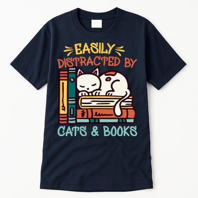 Easily Distracted By Cats And Books Cat & Book Lover Tall T-Shirt