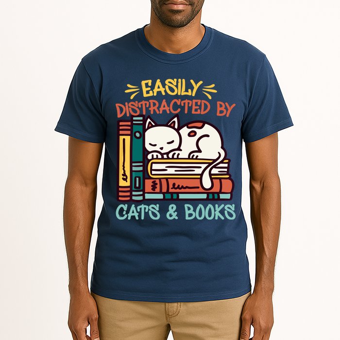 Easily Distracted By Cats And Books Cat & Book Lover Tall T-Shirt