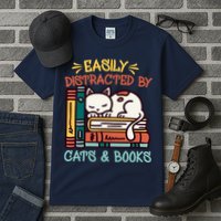 Easily Distracted By Cats And Books Cat & Book Lover Tall T-Shirt