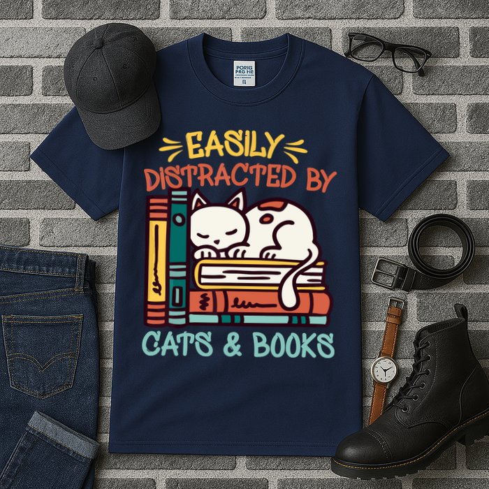 Easily Distracted By Cats And Books Cat & Book Lover Tall T-Shirt