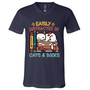 Easily Distracted By Cats And Books Cat & Book Lover V-Neck T-Shirt