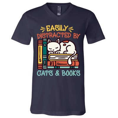 Easily Distracted By Cats And Books Cat & Book Lover V-Neck T-Shirt