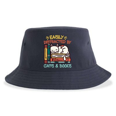 Easily Distracted By Cats And Books Cat & Book Lover Sustainable Bucket Hat