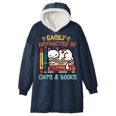 Easily Distracted By Cats And Books Cat & Book Lover Hooded Wearable Blanket