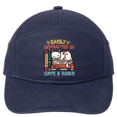 Easily Distracted By Cats And Books Cat & Book Lover 7-Panel Snapback Hat