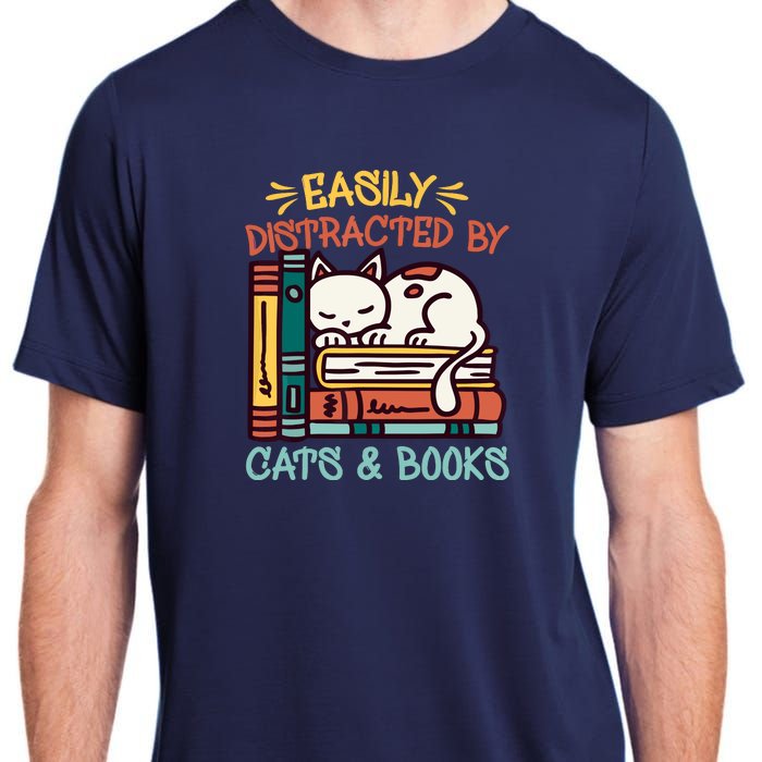 Easily Distracted By Cats And Books Cat & Book Lover Adult ChromaSoft Performance T-Shirt