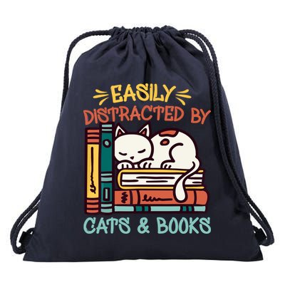 Easily Distracted By Cats And Books Cat & Book Lover Drawstring Bag