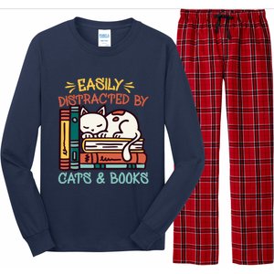 Easily Distracted By Cats And Books Cat & Book Lover Long Sleeve Pajama Set