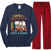 Easily Distracted By Cats And Books Cat & Book Lover Long Sleeve Pajama Set