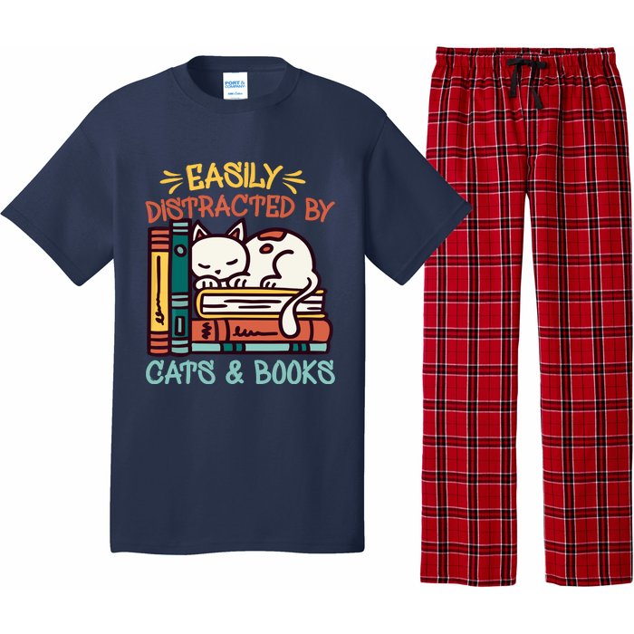 Easily Distracted By Cats And Books Cat & Book Lover Pajama Set