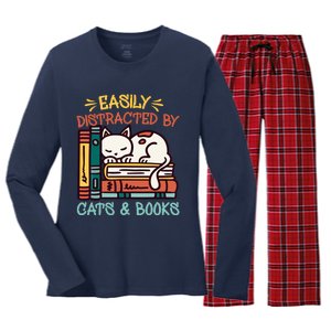 Easily Distracted By Cats And Books Cat & Book Lover Women's Long Sleeve Flannel Pajama Set 