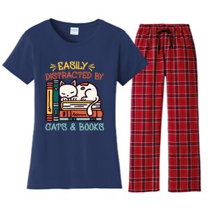 Easily Distracted By Cats And Books Cat & Book Lover Women's Flannel Pajama Set