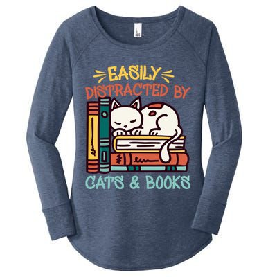 Easily Distracted By Cats And Books Cat & Book Lover Women's Perfect Tri Tunic Long Sleeve Shirt