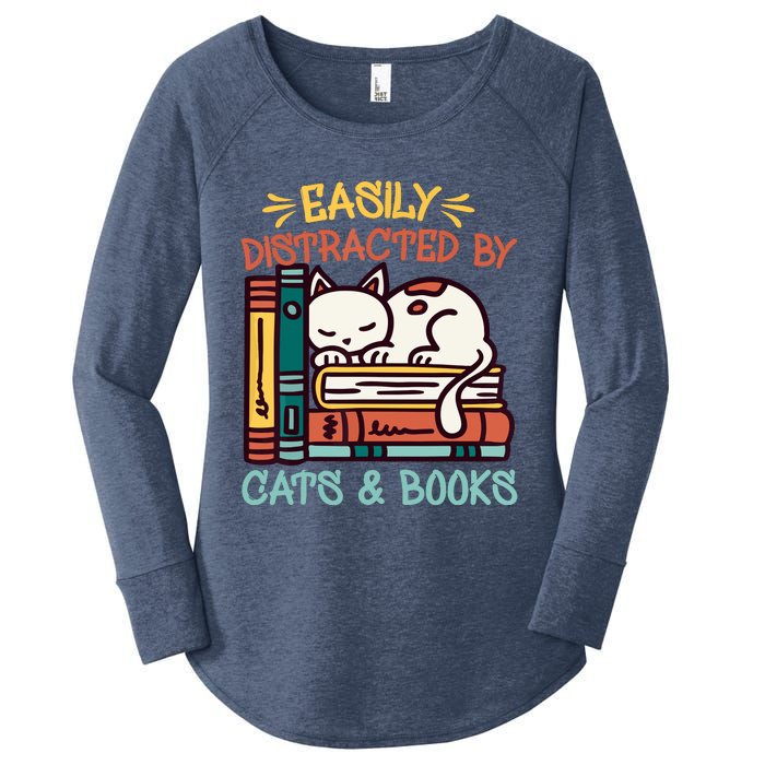 Easily Distracted By Cats And Books Cat & Book Lover Women's Perfect Tri Tunic Long Sleeve Shirt