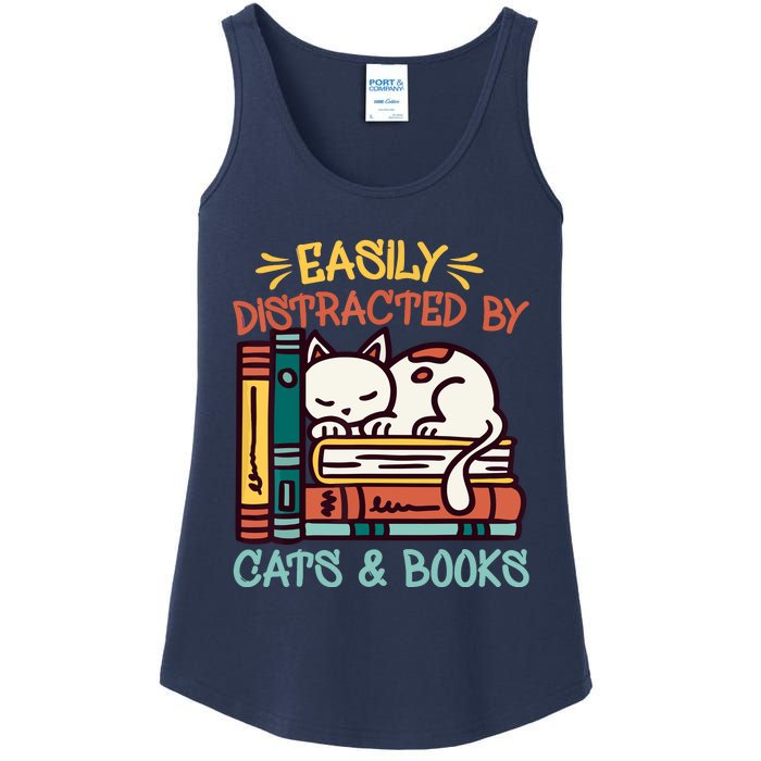 Easily Distracted By Cats And Books Cat & Book Lover Ladies Essential Tank