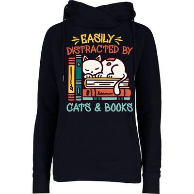 Easily Distracted By Cats And Books Cat & Book Lover Womens Funnel Neck Pullover Hood