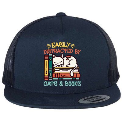 Easily Distracted By Cats And Books Cat & Book Lover Flatbill Hat