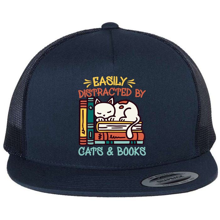 Easily Distracted By Cats And Books Cat & Book Lover Flatbill Hat