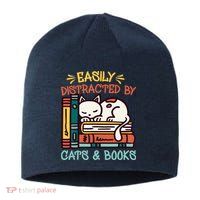 Easily Distracted By Cats And Books Cat & Book Lover Sustainable Beanie