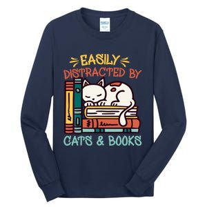 Easily Distracted By Cats And Books Cat & Book Lover Tall Long Sleeve T-Shirt