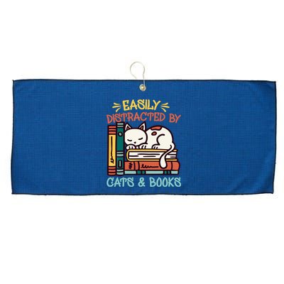 Easily Distracted By Cats And Books Cat & Book Lover Large Microfiber Waffle Golf Towel