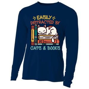 Easily Distracted By Cats And Books Cat & Book Lover Cooling Performance Long Sleeve Crew