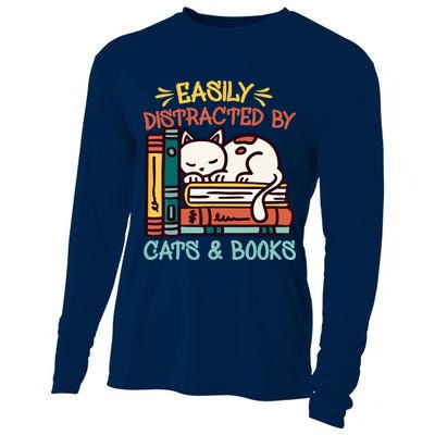 Easily Distracted By Cats And Books Cat & Book Lover Cooling Performance Long Sleeve Crew