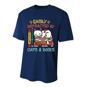 Easily Distracted By Cats And Books Cat & Book Lover Performance Sprint T-Shirt