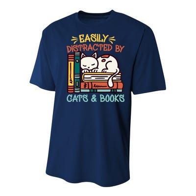 Easily Distracted By Cats And Books Cat & Book Lover Youth Performance Sprint T-Shirt