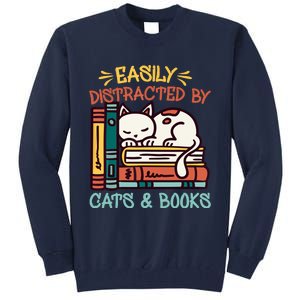 Easily Distracted By Cats And Books Cat & Book Lover Tall Sweatshirt